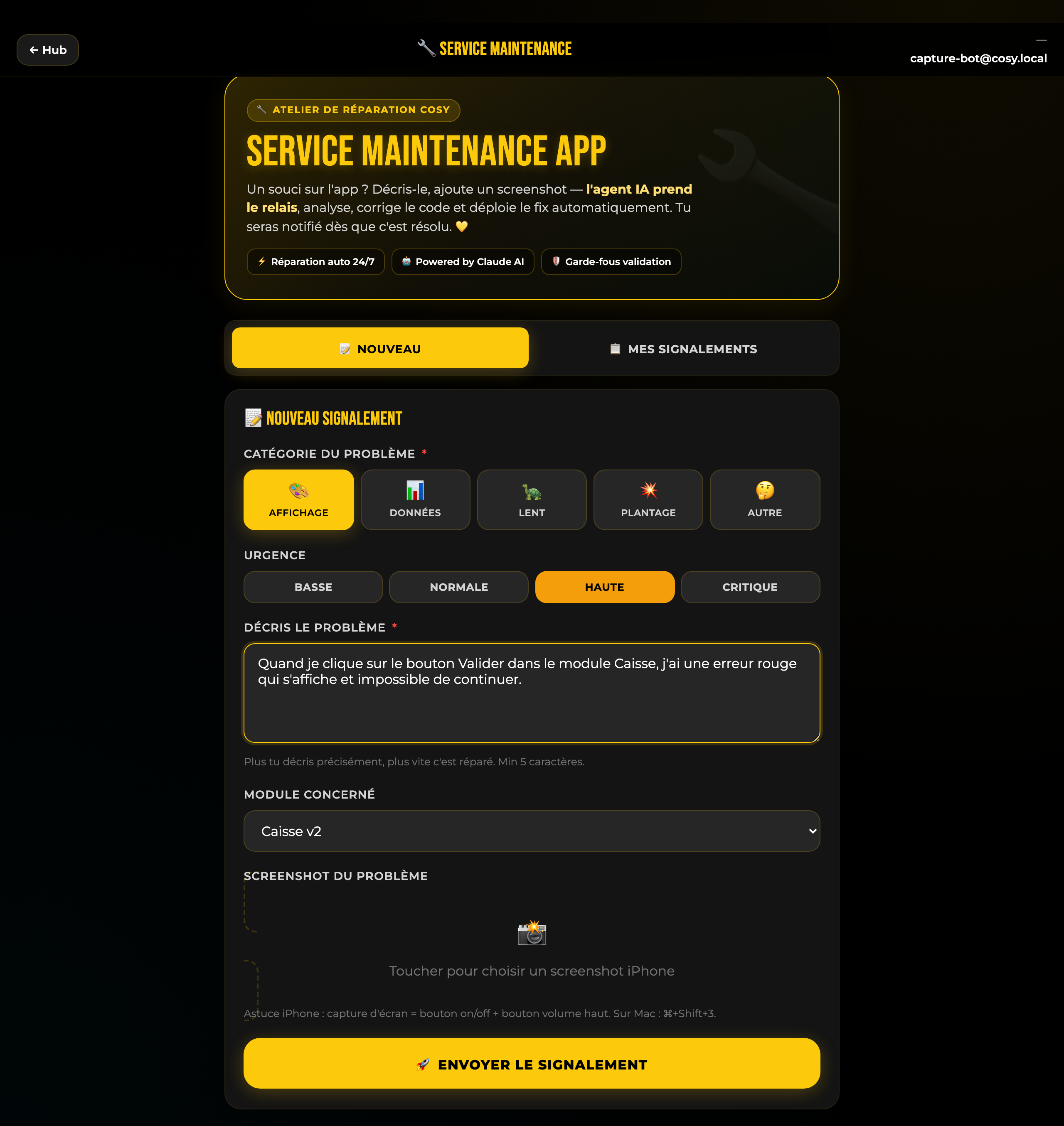 📱 capture · formulaire complet avec description, catégorie, module et urgence renseignés